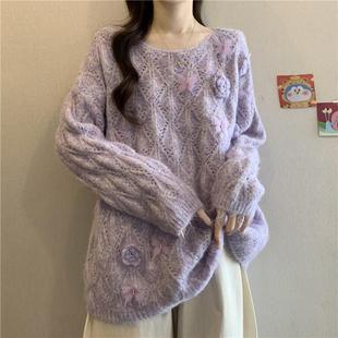 推荐立体花朵镂空紫色针织衫毛衣女春秋冬大码胖mm宽松慵懒高级感