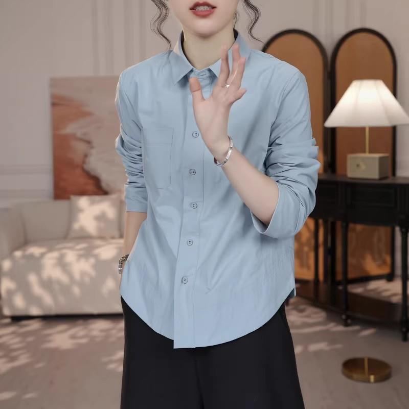 极速设计感蓝色翻领衬衫女2026秋季大码胖mm宽松显瘦叠穿打底长袖