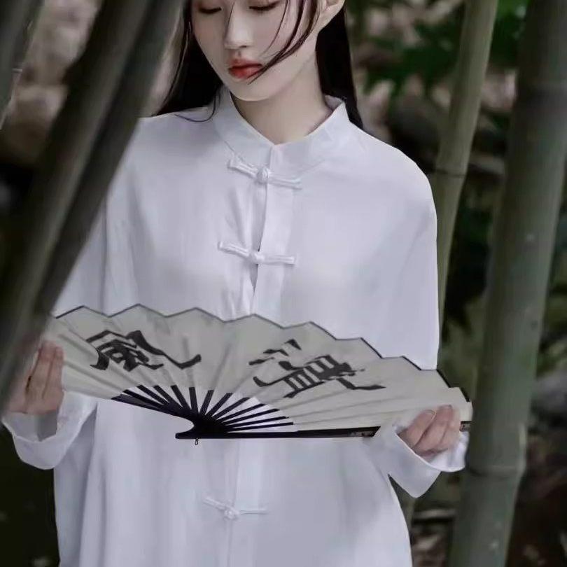 极速中国风立领盘扣棉麻长袖衬衫外套男女款宽松大码休闲素色茶服
