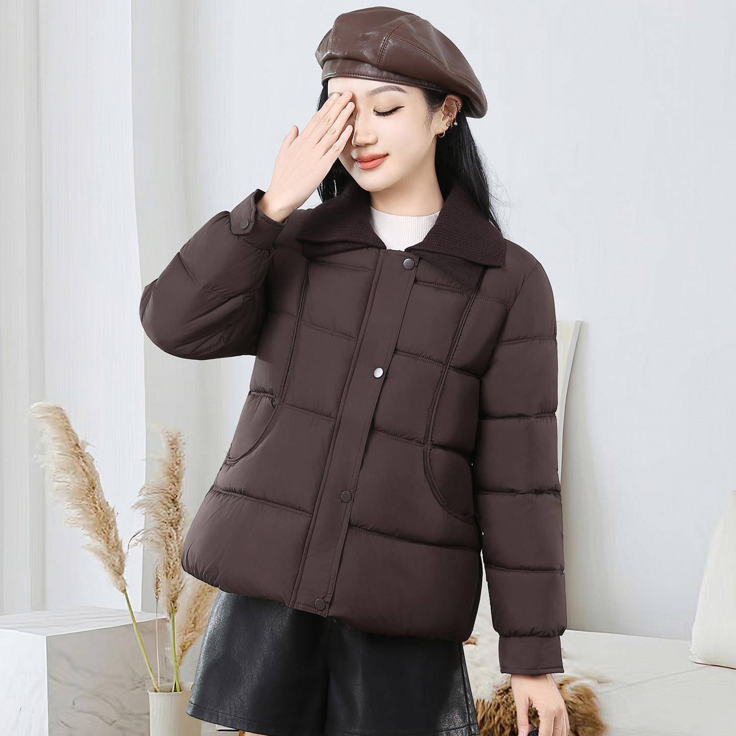 极速休闲风翻领短款棉服女妈妈冬季新款加厚保暖时尚洋气棉衣外套