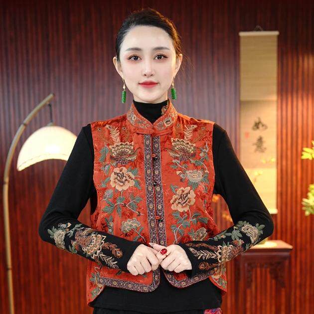 极速新中式国风高定刺绣暗纹提花马甲春秋季复古民族风立领侧开叉
