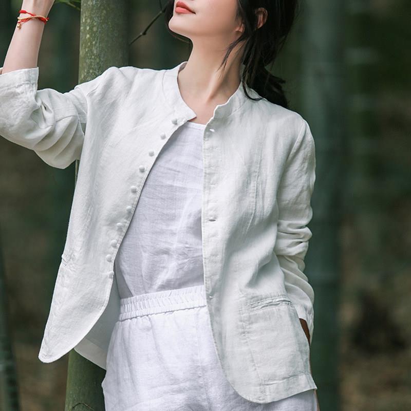 极速棉麻西装外套女薄款春秋新款文艺复古亚麻上衣中式立领棉质小