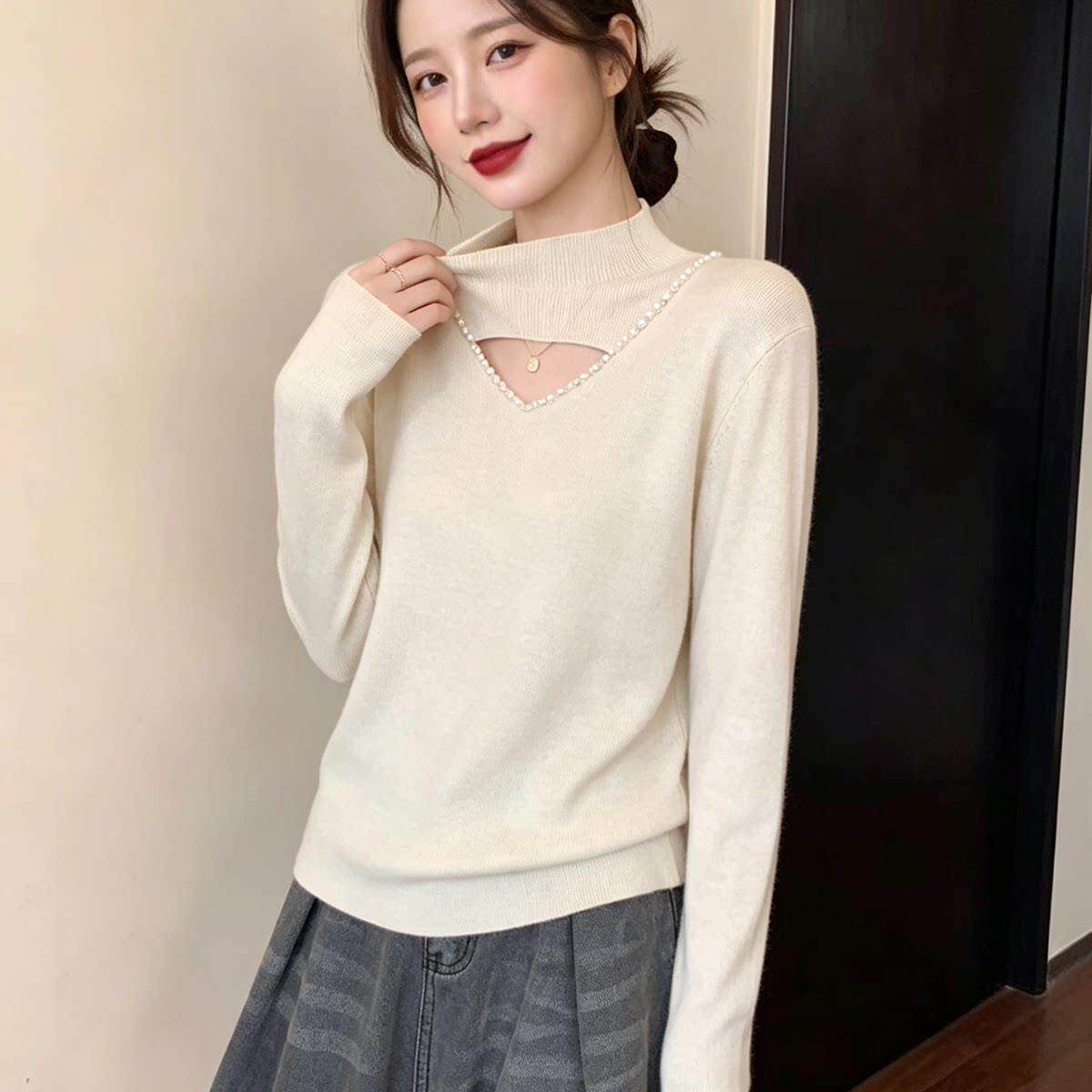 极速大码时尚镂空钉珠半高领长袖毛衣女秋冬季胖MM宽松遮肉百搭打