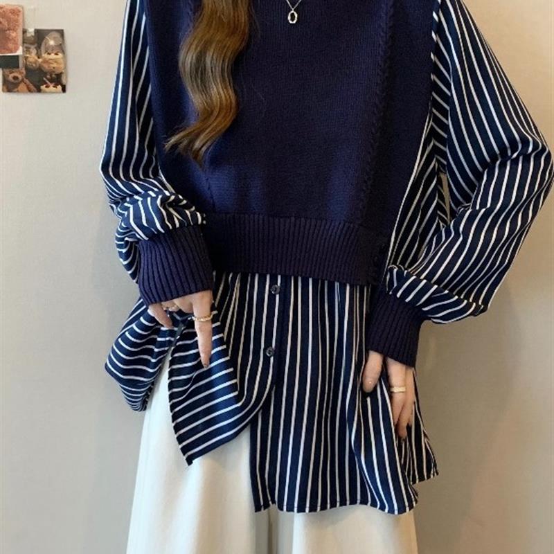 假两件针织马甲拼接条纹长
