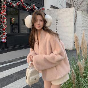 韩系粉色十字貂环保皮草毛毛外套女秋冬短款仿水貂绒皮毛一体上衣