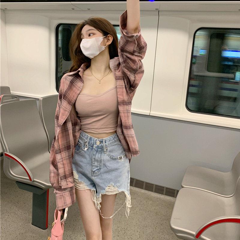 极速粉色格子衬衫女春秋2026欧货爆款防晒外套纯棉休闲衬衣中长款