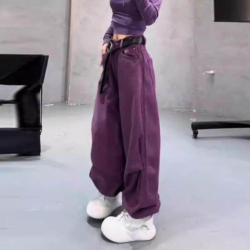 极速设计感潮流紫色弯刀牛仔裤女春季新款显瘦高腰宽松休闲阔脚拖