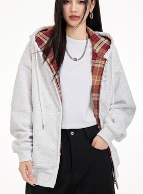 灰色双拉链卫衣女连帽开衫外套2025秋季新款宽松休闲百搭长袖上衣