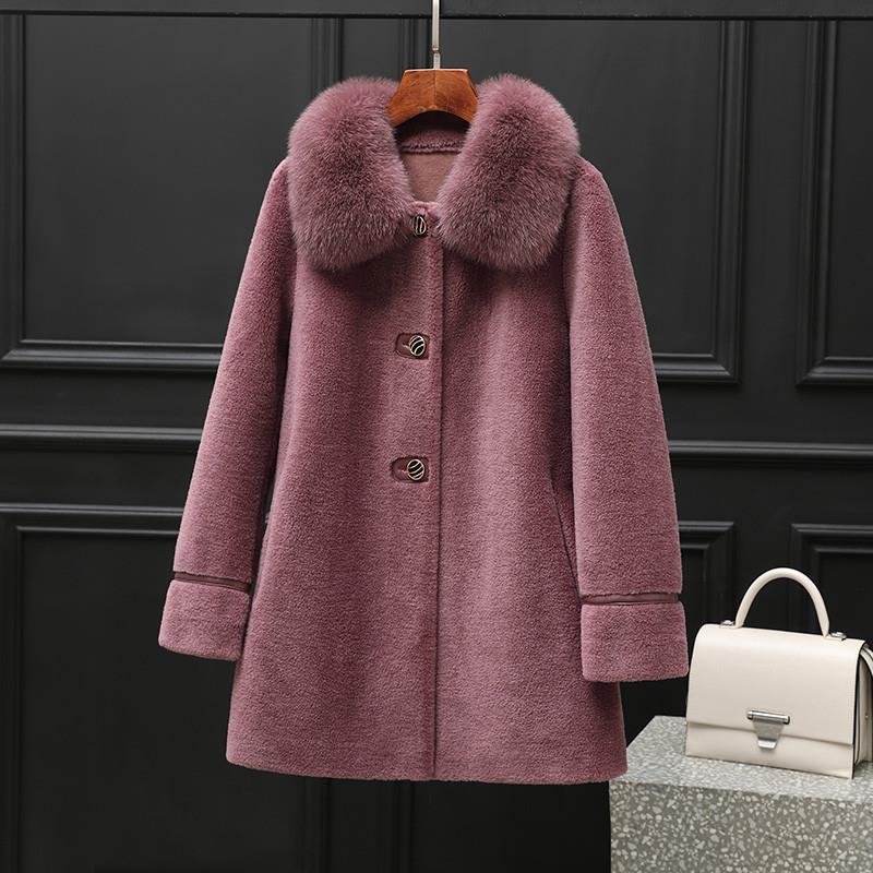 推荐2023款妈妈羊剪绒外套女羊羔毛大衣皮毛一体狐狸毛领中老年外