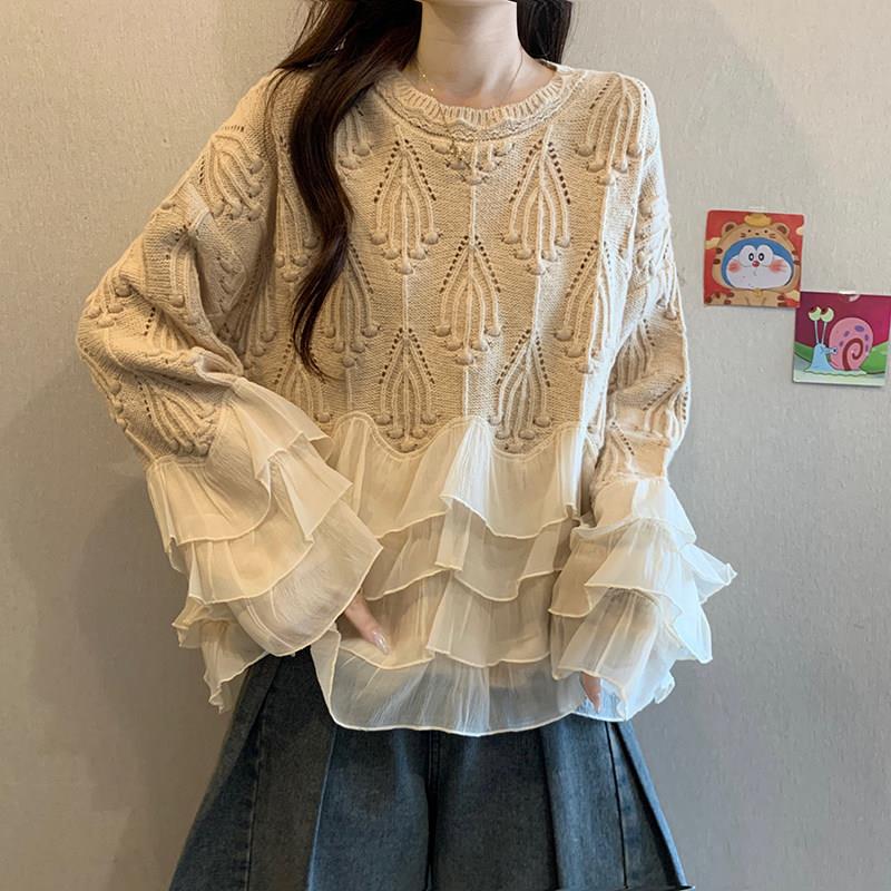 极速大码设计感双层荷叶边镂空长袖毛衣女秋冬季胖MM宽松遮肚针织
