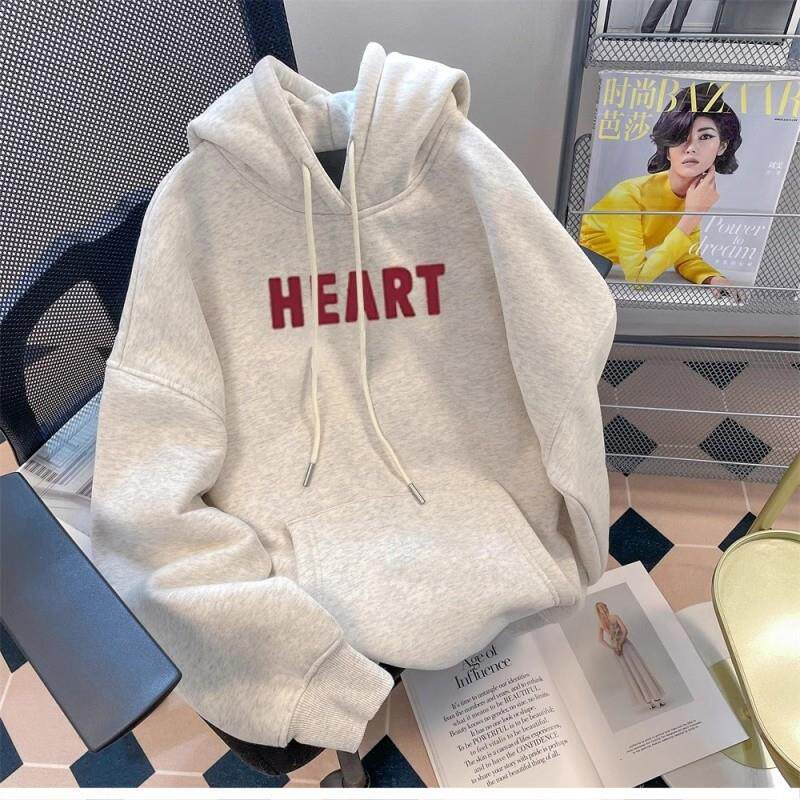 推荐花灰色连帽卫衣秋装女装慵懒风宽松加绒加厚小个子带帽套头上