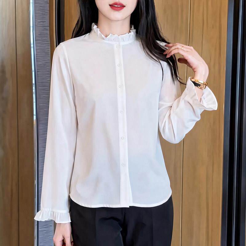 极速白色衬衫女2026早秋季新款木耳边圆领衬衣设计感小众法式气质