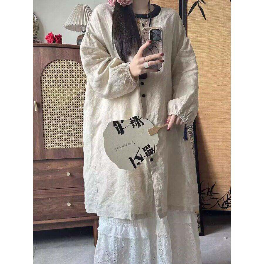 极速春秋款佛系宽松大版型麻色衬衫女装中长款灯笼袖复古休闲衬衫