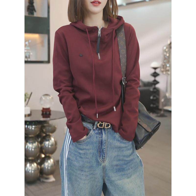 推荐白色半拉链连帽长袖卫衣女2025年早秋季新款宽松休闲简约套头