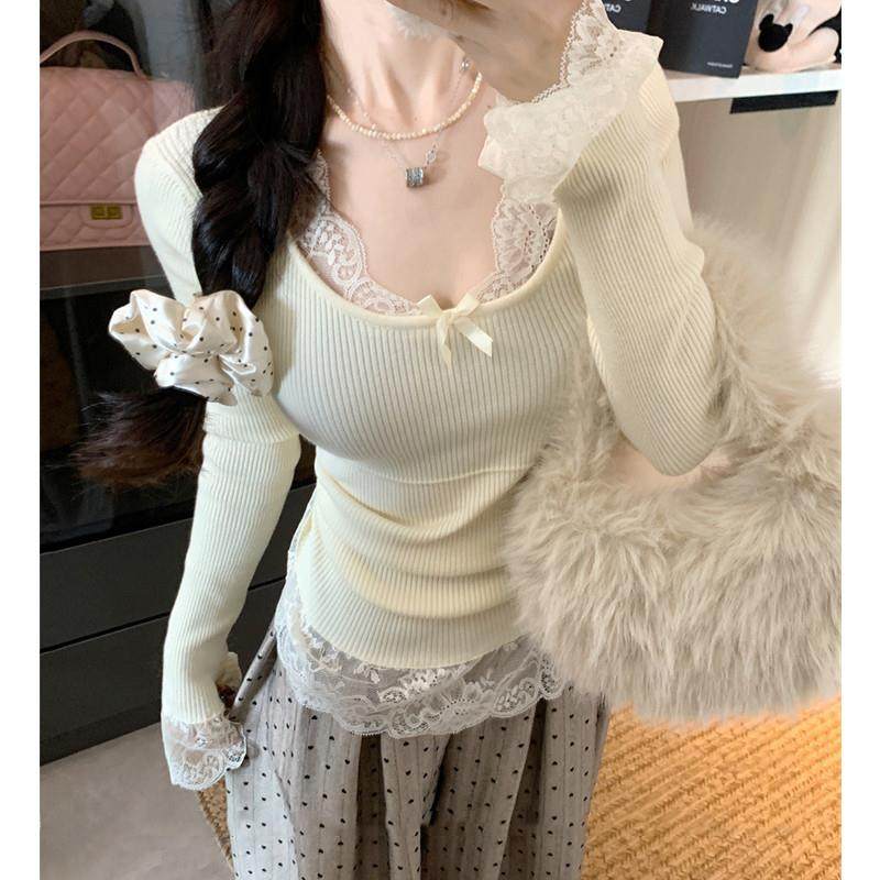 推荐纯欲蕾丝内搭针织衫打底女秋冬季2025新款U领长袖高级感白色
