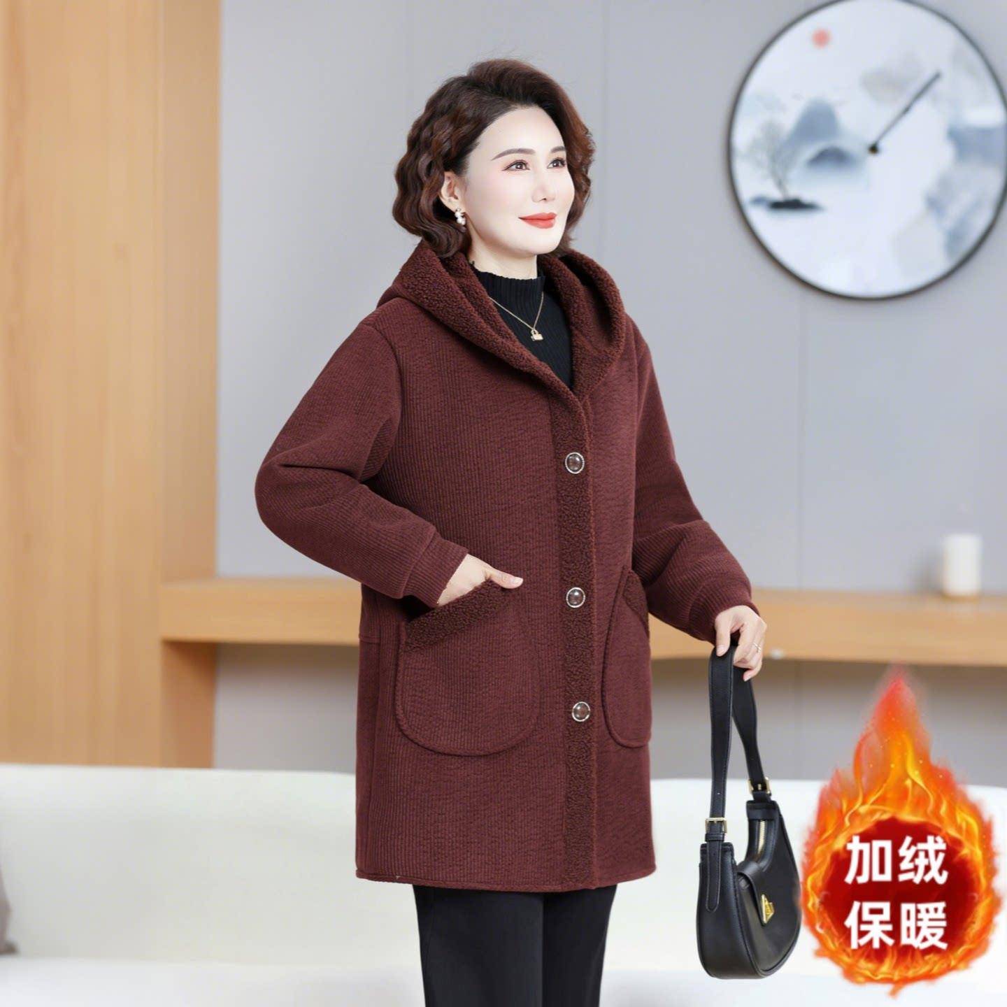 极速妈妈装秋冬款大衣加绒棉服宽松保暖中老年女装棉衣连帽毛呢外