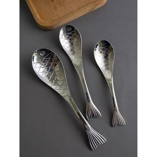 斯堪的那维亚创意304不锈钢鱼饭勺甜点勺进食勺汤勺家用鱼形勺