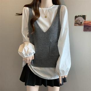 推荐早秋穿搭一整套女大码胖mm巨好看叠穿针织背心马甲长袖衬衫两