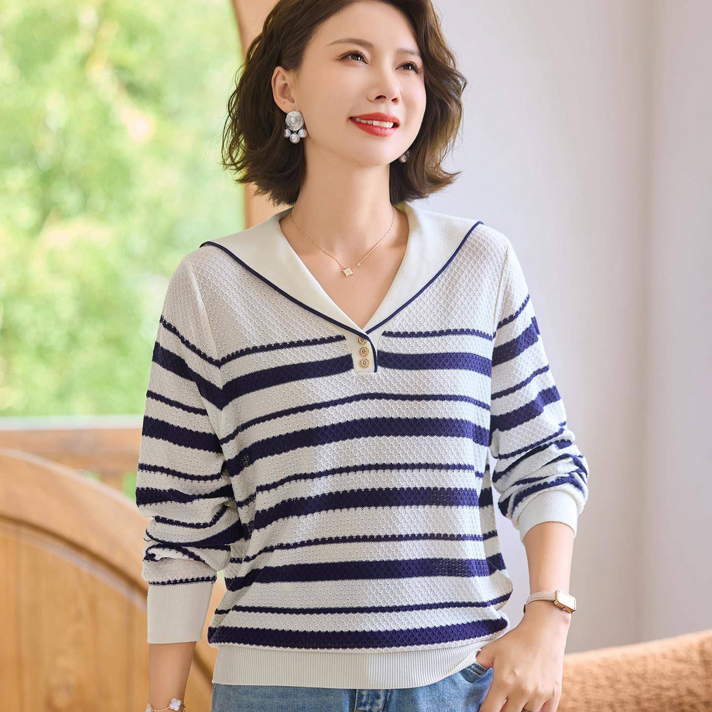 极速洋气妈妈春季针织小衫套装2026新款中老年女海军领条纹长袖打