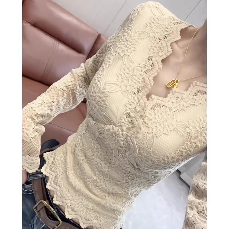 极速纯欲V领交叉加绒磨毛长袖蕾丝衫女秋冬新款欧货修身显瘦百搭