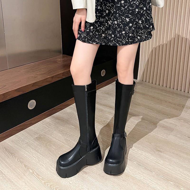 极速黑色厚底长筒靴女2025春新款款圆头高跟靴子小个子增高显瘦骑
