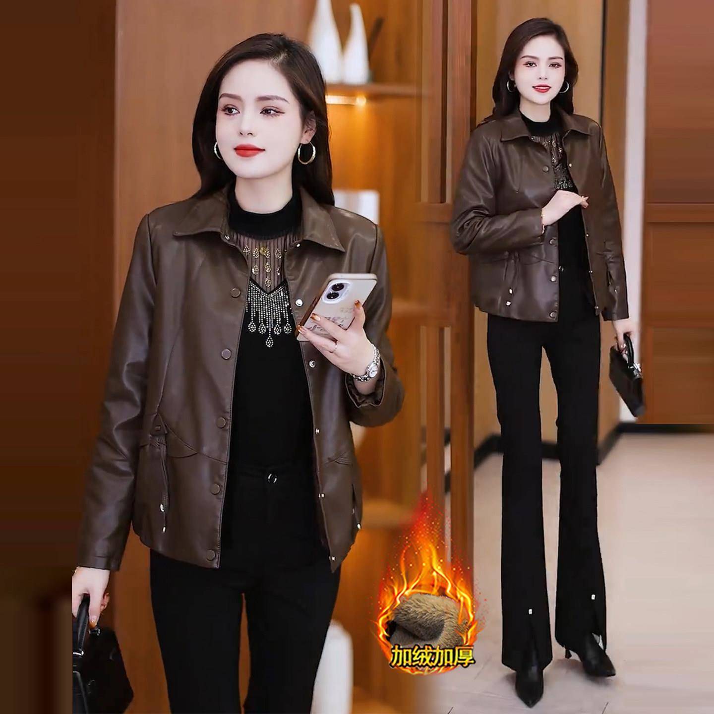 极速时尚加绒加厚短款皮衣外套女冬季新款洋气宽松显瘦保暖PU皮夹