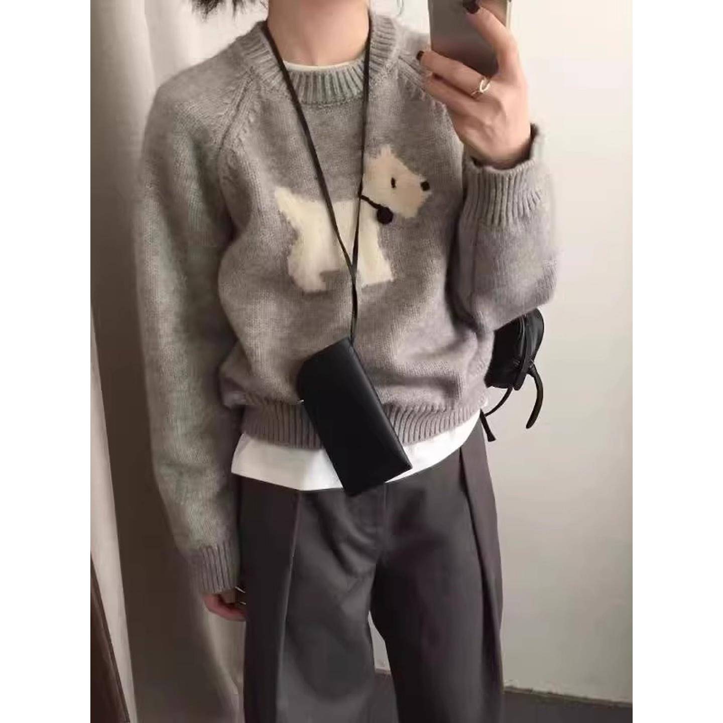 极速慵懒风提花套头卡通小狗灰色毛衣女秋冬新款内搭针织打底衫上