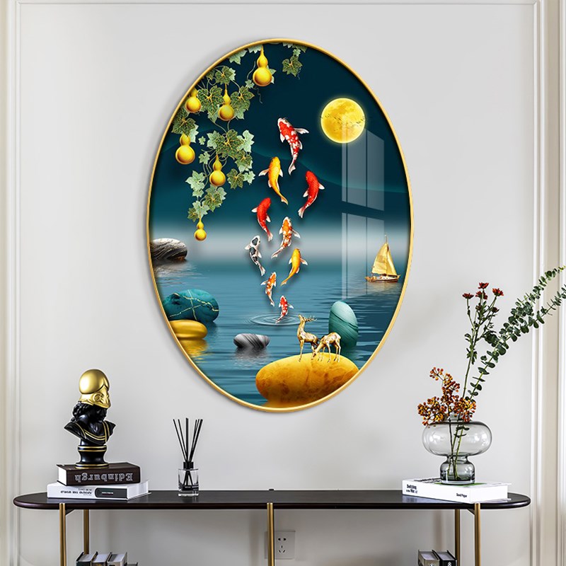 九鱼新中式餐厅装饰画椭圆形进门正对墙面玄关挂画客厅壁画图片