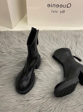 小个子BI备~靴子p女马丁靴圆头厚底粗跟高跟后拉链黑色短靴
