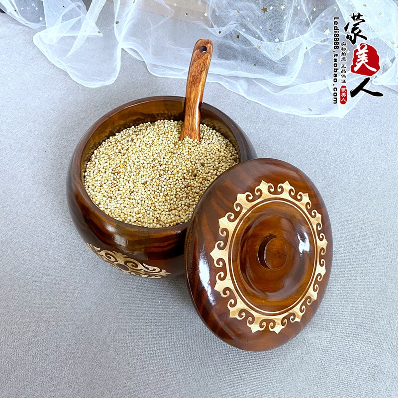 实木一体炒米碗带勺木质餐具内蒙古特色加厚家用木碗W收纳面碗汤