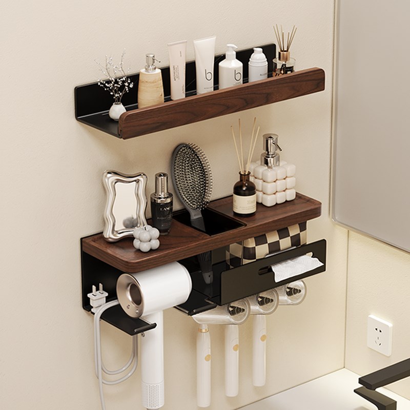 胡桃木吹风机洗脸巾置物架卫生间浴室洗漱台免打孔漱口牙刷杯架子