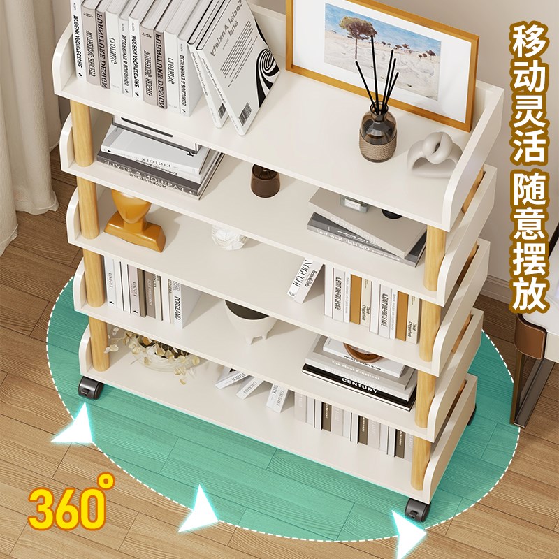 书架落地带轮置物架床头简易可旋转书架收纳架多层大容量实木书柜