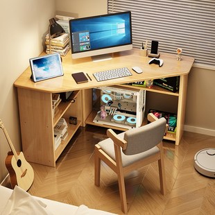 全实木转角书桌卧室角落学t生写字桌家用书柜一体靠墙三角形电脑