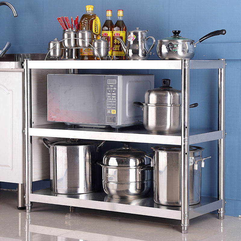 不锈钢厨房置物架落地免打孔储物架收纳架家用多层货架微波炉架子