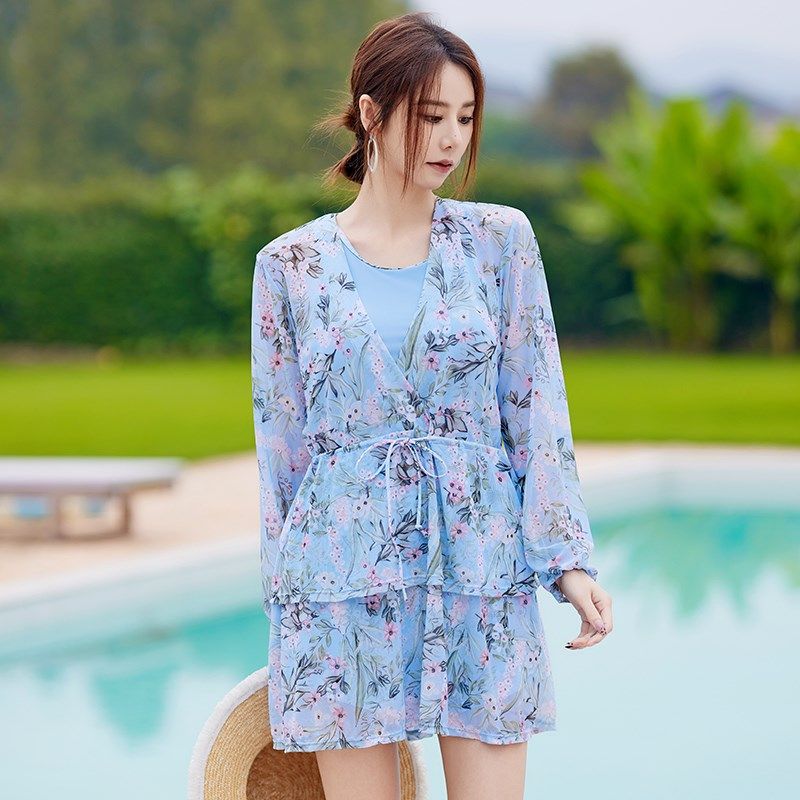 新款泳衣女大码泡温泉分体三件套罩衫遮肉显瘦保守小清新抽绳微胖