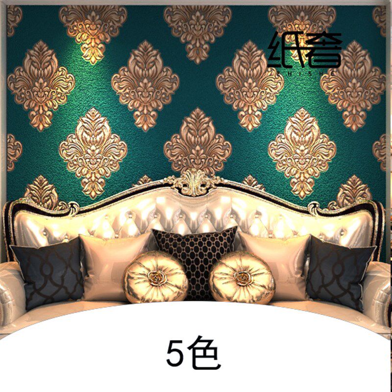 2021高档欧式立体花奢华仿墙布C壁纸客厅墨绿色时尚电视背景墙纸