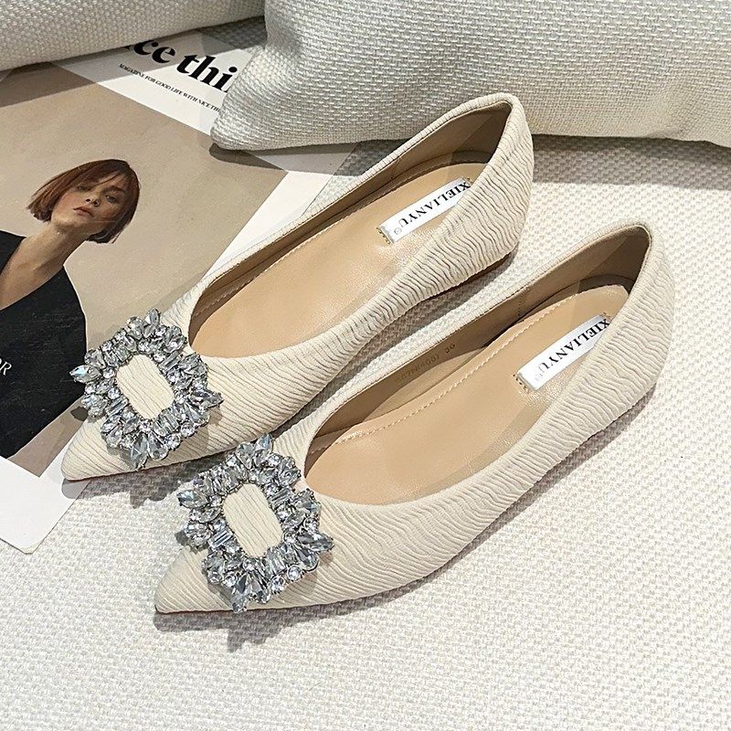 法式v口白色平底单鞋女冬2024年新款百搭气质尖头水钻内增高跟鞋