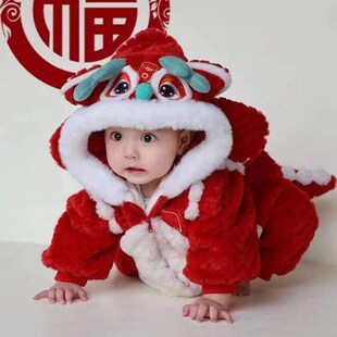 婴儿冬季拜年服女连m体衣加绒加厚毛衣男宝宝超萌红色新年外穿爬