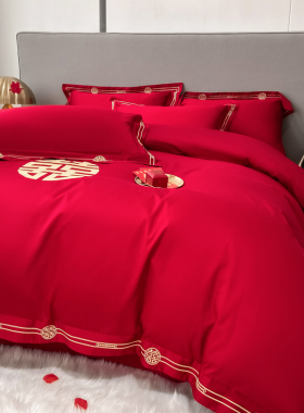 简约中式婚庆四件组大红色牀单被套全棉J纯棉高档结婚牀上用品牀