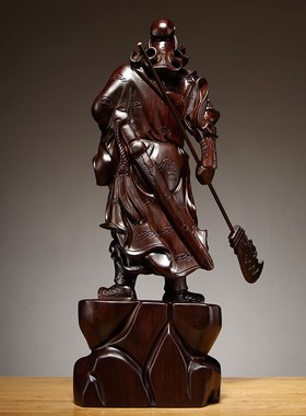 黑檀木雕关公像摆件实木质雕刻武财神家居店铺装饰红木工艺品开业