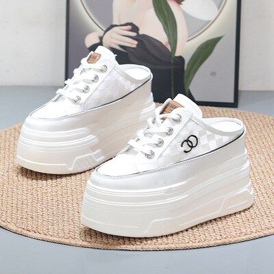 超高跟内增高12ClM无后跟包头半拖鞋一脚蹬外穿厚底松糕小白鞋网