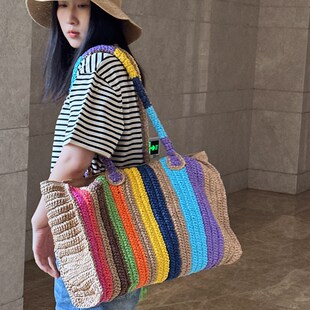彩色条纹女士大版型草编包沙滩x包INS单肩包度假包流浪感夏季手工