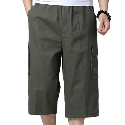 夏季中老年男士爸爸松紧腰宽松运动沙滩混纺棉中裤工装休闲七分裤