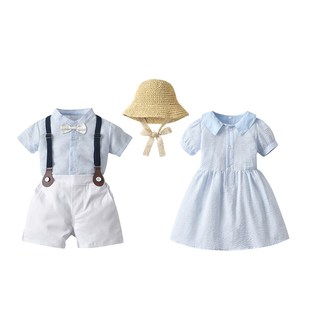 龙凤胎宝宝夏装轻薄姐弟装男女儿童夏季套装遮阳草帽田园风兄妹装