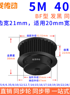 同步带轮5M40齿钢黑BF槽宽21内孔8 10 12 14 22N 24 25同步轮45#5