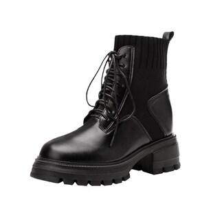 圆头飞织马丁靴内增高冬季韩版厚底粗跟系带小短靴气质女瘦瘦靴33