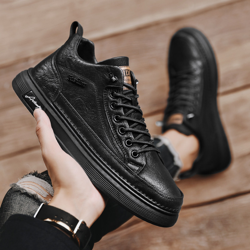 高帮皮鞋男款夏季透气一脚蹬黑色工作鞋上班厨师板鞋男士马丁靴潮