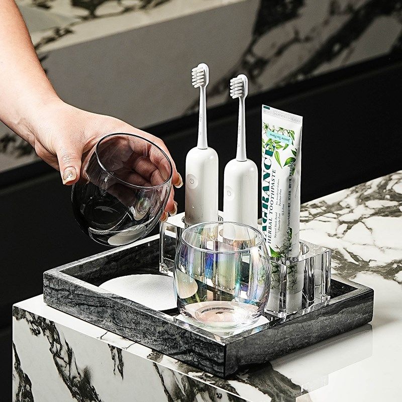 高级感水晶玻璃牙刷置物架简约意式大理石托盘洗手台桌面收纳套装