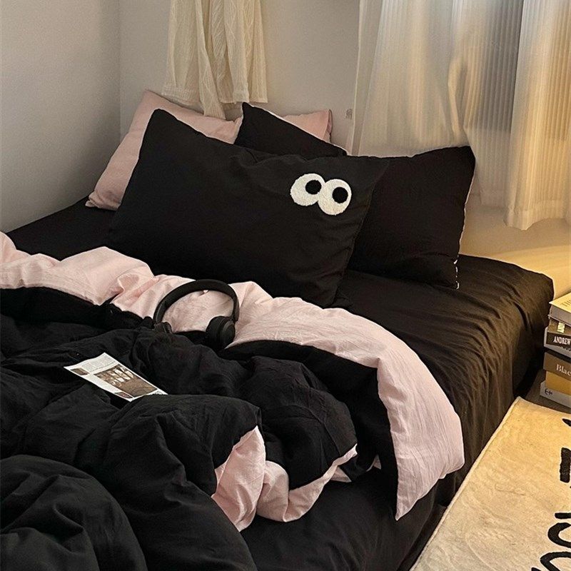 ins少女甜酷黑粉色眼睛毛巾绣水洗棉床上四件套床单学生三件套1.8,床上用品,床品套件/四件套/多件套,淘宝优惠券,粉丝福利购,淘宝优惠卷