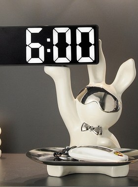 创意墨镜兔入户进门钥匙托盘收纳玄关桌面装饰电子时钟摆件高级感